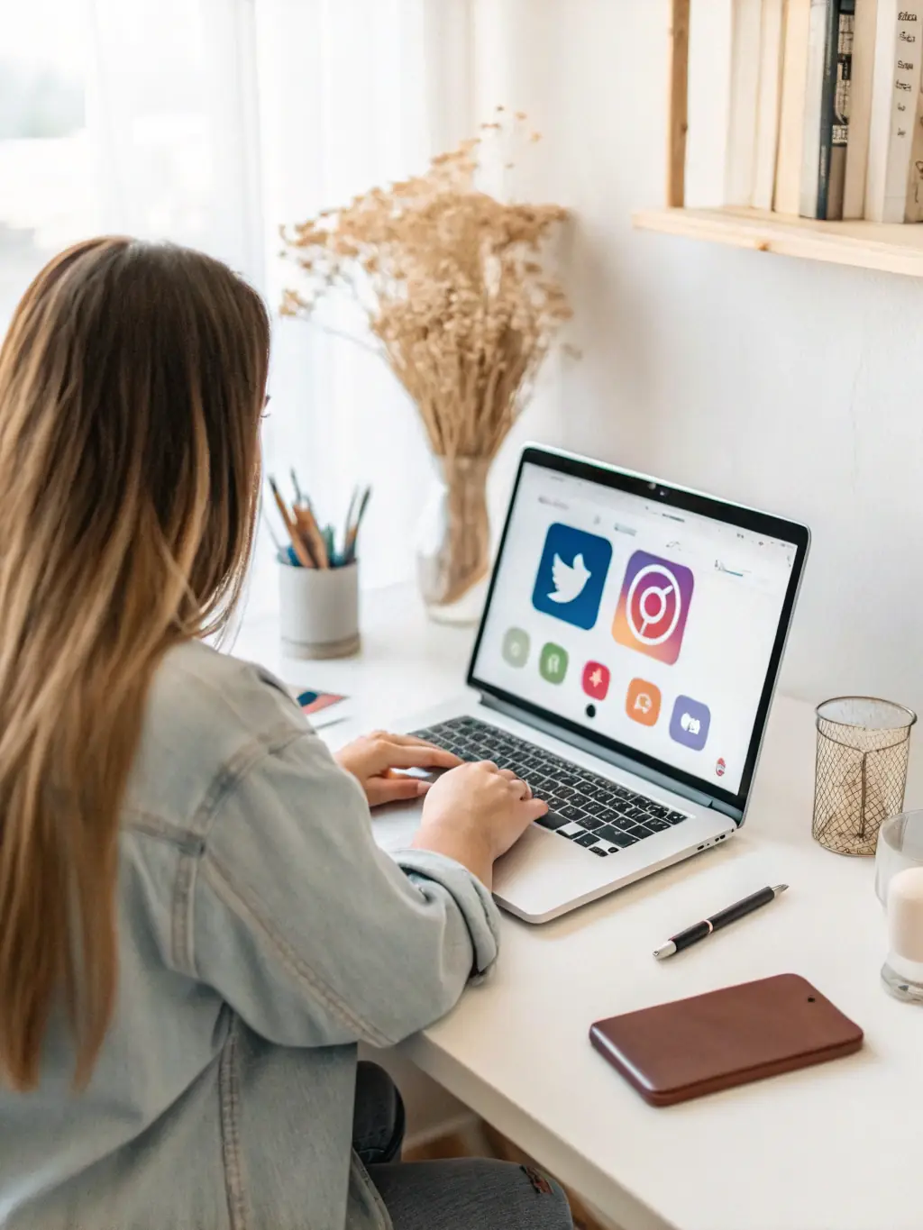 A user reviewing social media posts on a laptop, with options to approve or request revisions.