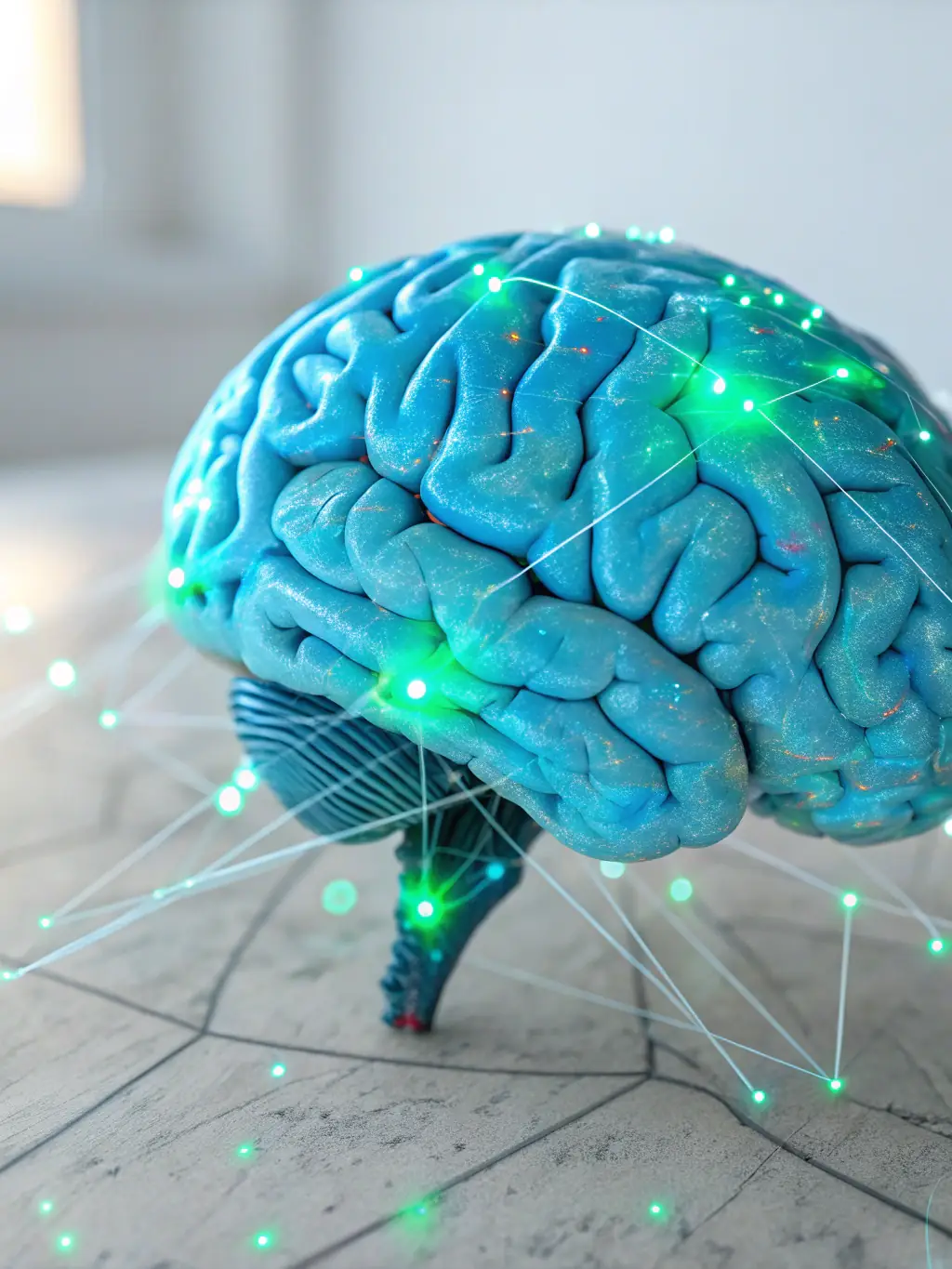 An AI brain generating social media content, including images and text, with various social media logos floating around it.