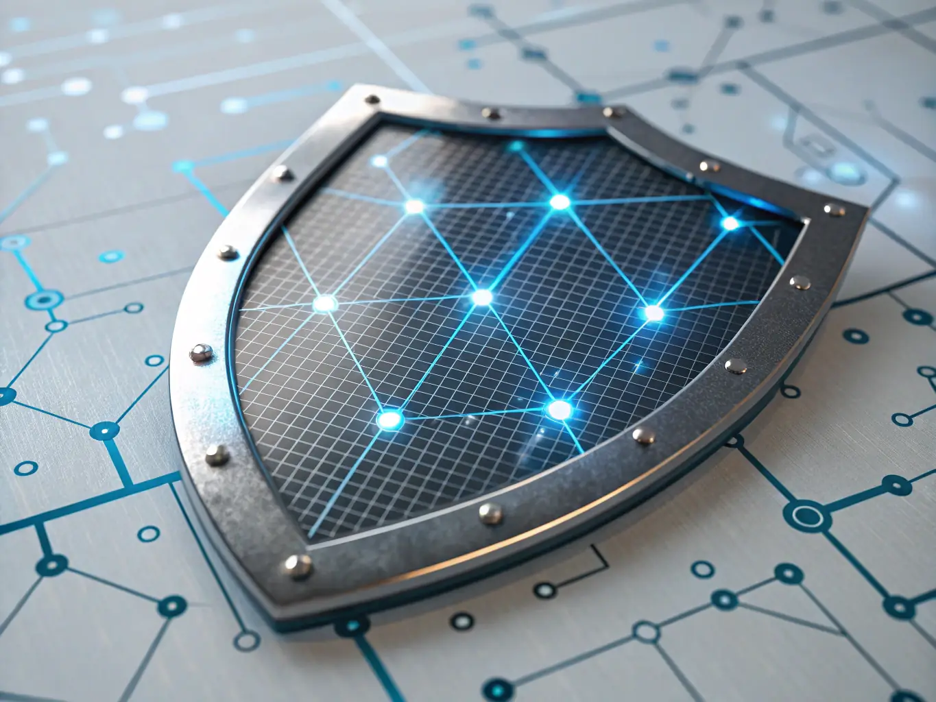 An illustration showing a shield icon overlaid on an AI neural network, symbolizing continuous security and protection against evolving threats.